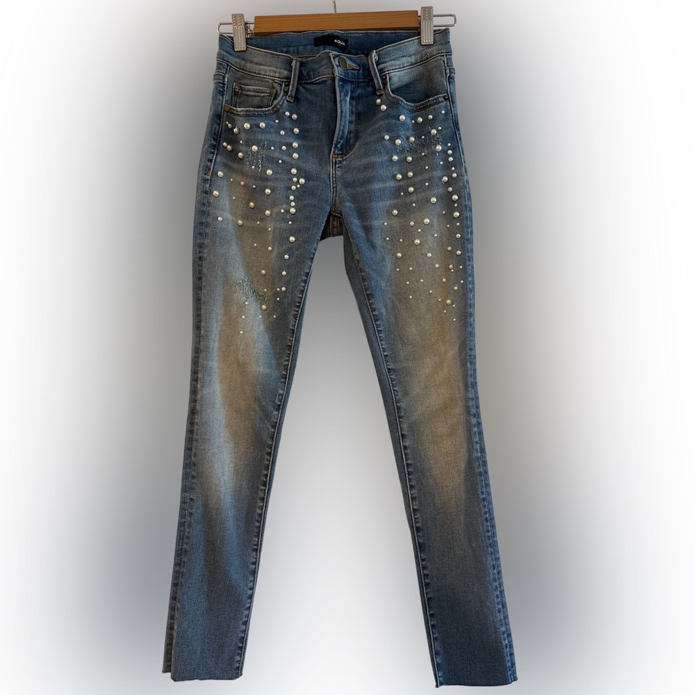 Aqua Blue Pearl-Studded Skinny Jeans